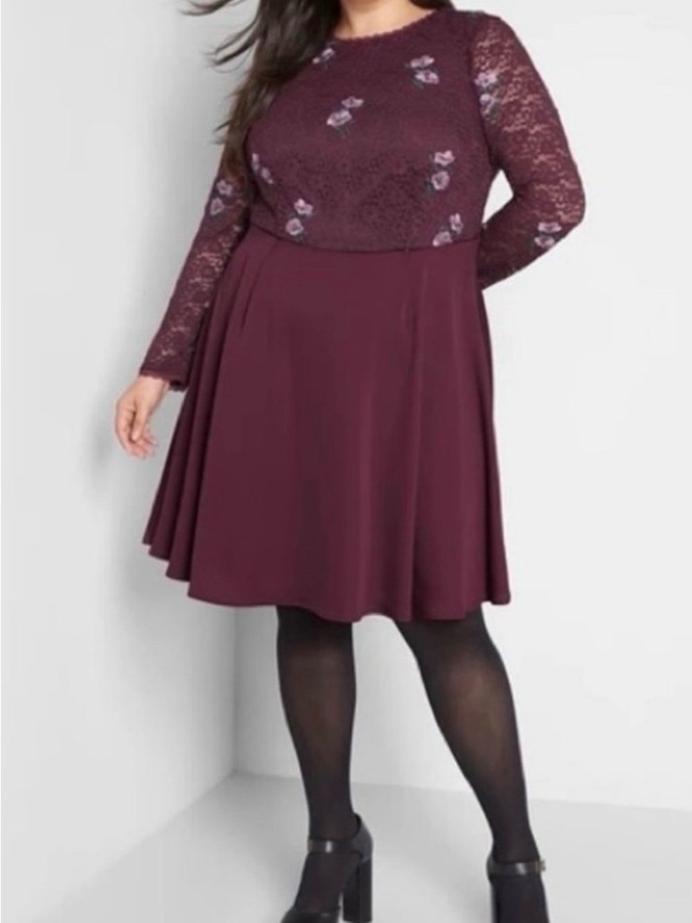 ModCloth Burgundy Lace Floral Fit-and-Flare Dress